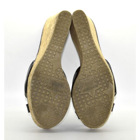 C0 Auth JIMMY CHOO Black Patent Leather Cork Wedge Sandals Shoes Size 40.5 - Picture 6 of 6